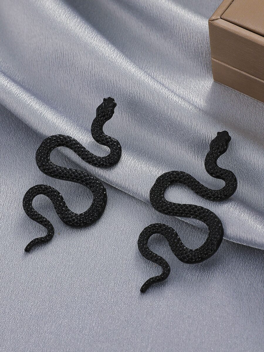 1pair Punk Vintage Exaggerated 3d Metallic Animal Snake Shaped Earrings For Women, Suitable For Party Wear - Black - View 1