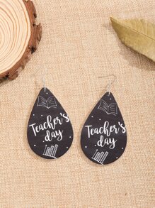 Book & Letter Graphic Water Drop Earrings - Black and White - View 1