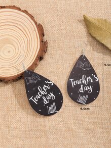 Book & Letter Graphic Water Drop Earrings - Black and White - View 3