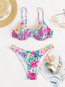夏季随机花卉印花钢圈比基尼