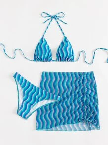 Summer 3packs Striped Bikini & Drawstring Front Beach Skirt - Blue - View 5
