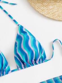 Summer 3packs Striped Bikini & Drawstring Front Beach Skirt - Blue - View 6