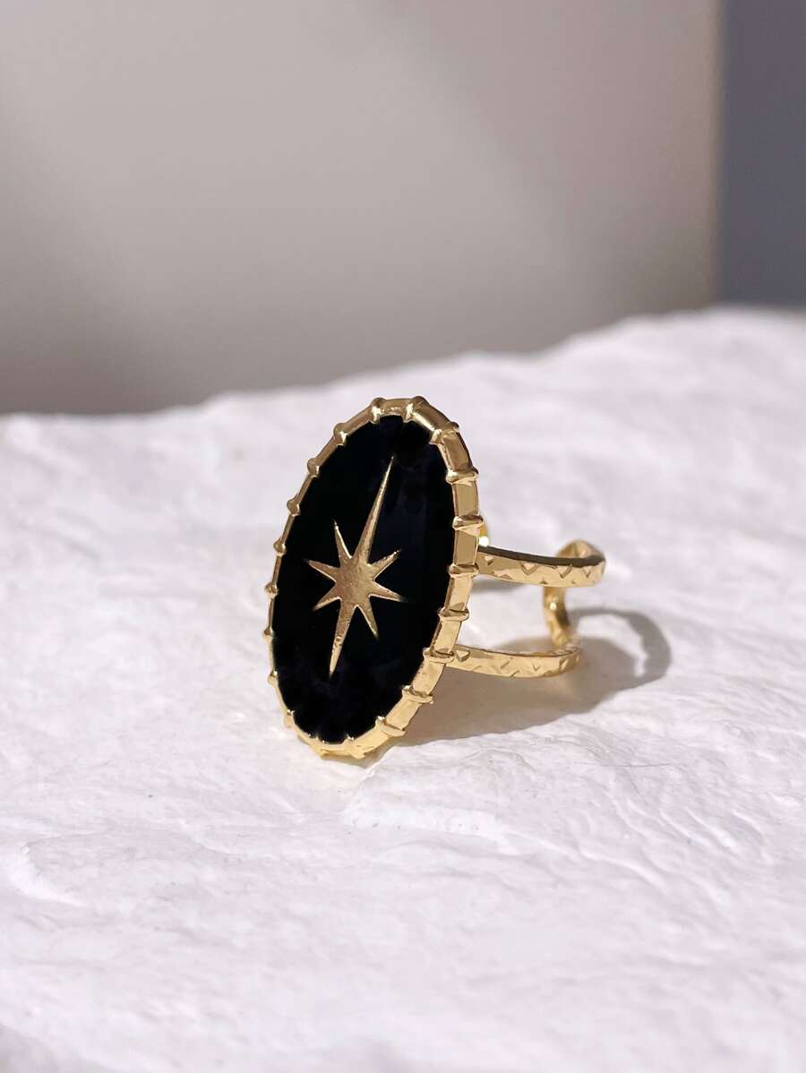 Anillo abierto con diseño de estrella con diseño de oval - Negro - Ver 1