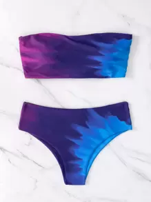 SHEIN Swim 紮染比基尼套裝繫帶抹胸文胸和低至臀部下裝2入組泳衣 - 彩色 - 查看 2