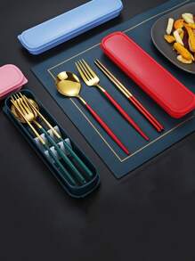 Cutlery Three-piece Stainless Steel Portable Spoon Fork Chopsticks Set - Red - View 3