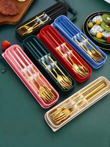 Cutlery Three-piece Stainless Steel Portable Spoon Fork Chopsticks Set - Red - View 8