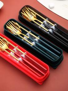 Cutlery Three-piece Stainless Steel Portable Spoon Fork Chopsticks Set - Red - View 2