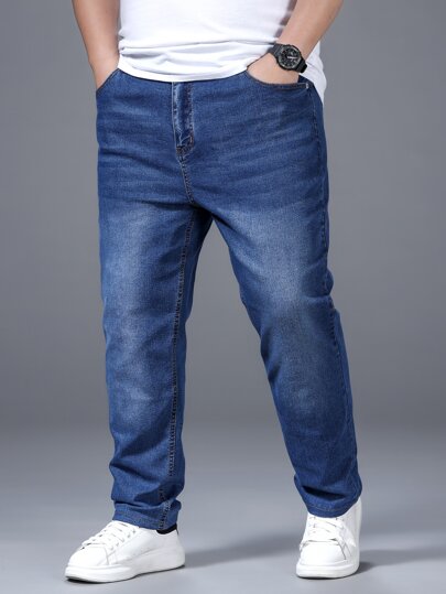 Manfinity Homme Jeans de hombre con bolsillos ladeados y lavado de algodón extra, jeans rectos de pierna larga de color azul oscuro lavado, para regalo de esposo o novio