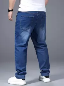 Manfinity Homme Men Plus Cotton Washed Slant Pocket Jeans, Plain Dark Blue Dark Jeans Long Straight Leg Washed Cargo Jeans, For Husband, Boyfriend Gifts Commute Urban Street Office Going Out