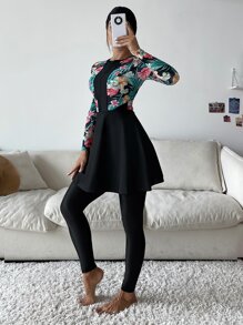 Swim Mulvari 4pack Full Body Random Tropical Print One Piece Swimsuit & Pants & Beach Skirt & Swim Cap - Multicolor - View 3