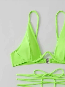 Neon Green Lace Up Underwire Thong Bikini - Lime Green - View 3