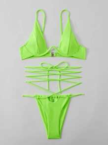 Neon Green Lace Up Underwire Thong Bikini - Lime Green - View 4