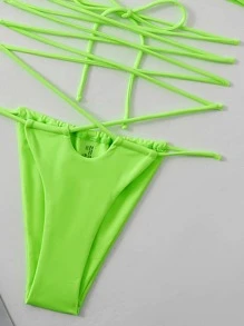 Neon Green Lace Up Underwire Thong Bikini - Lime Green - View 5