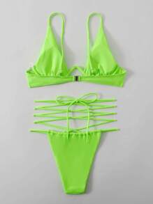 Neon Green Lace Up Underwire Thong Bikini - Lime Green - View 6