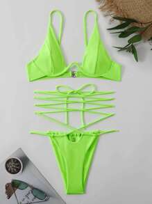 Neon Green Lace Up Underwire Thong Bikini - Lime Green - View 7
