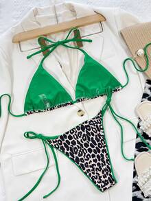 Leopard Halter Micro Triangle Bikini, For Summer Beach Vacation - Green - View 2