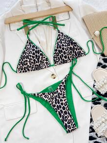 Leopard Halter Micro Triangle Bikini, For Summer Beach Vacation - Green - View 4