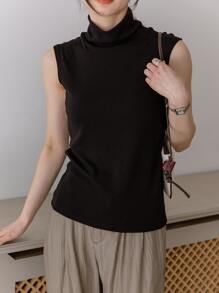 DAZY Chất rắn Áo cao cổ Áo ba lỗ - màu đen - Xem 4