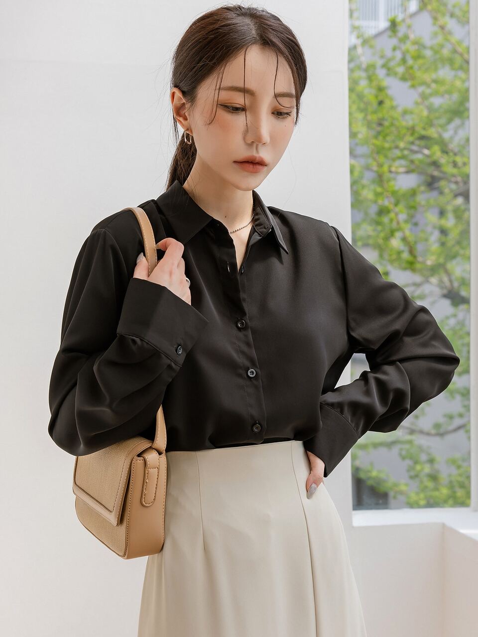 Solid Button Up Blouse Long Sleeve Top