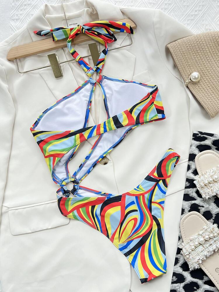 Allover Print Ring Linked One Piece Swimsuit, For Summer Beach Vacation - Multicolor - View 2
