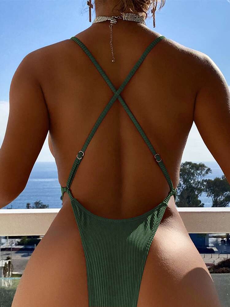 Solid Rib One Piece Swimsuit, For Summer Beach Vacation