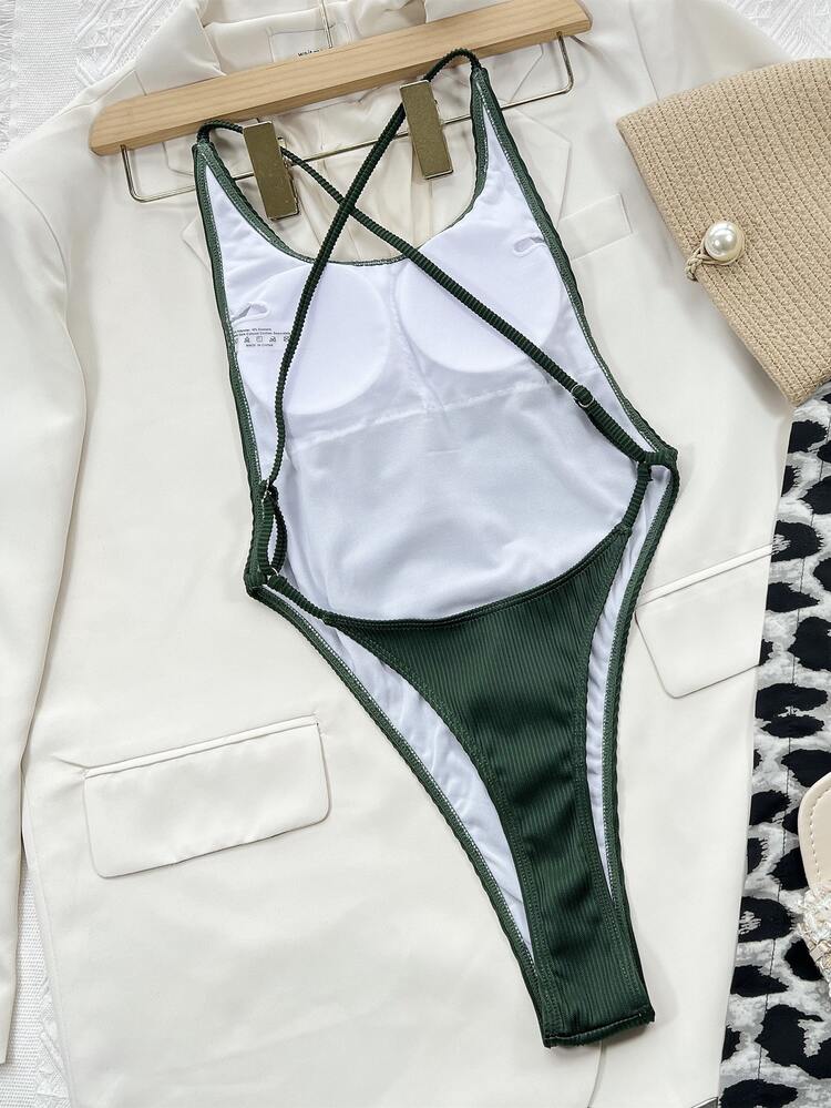 Solid Rib One Piece Swimsuit, For Summer Beach Vacation