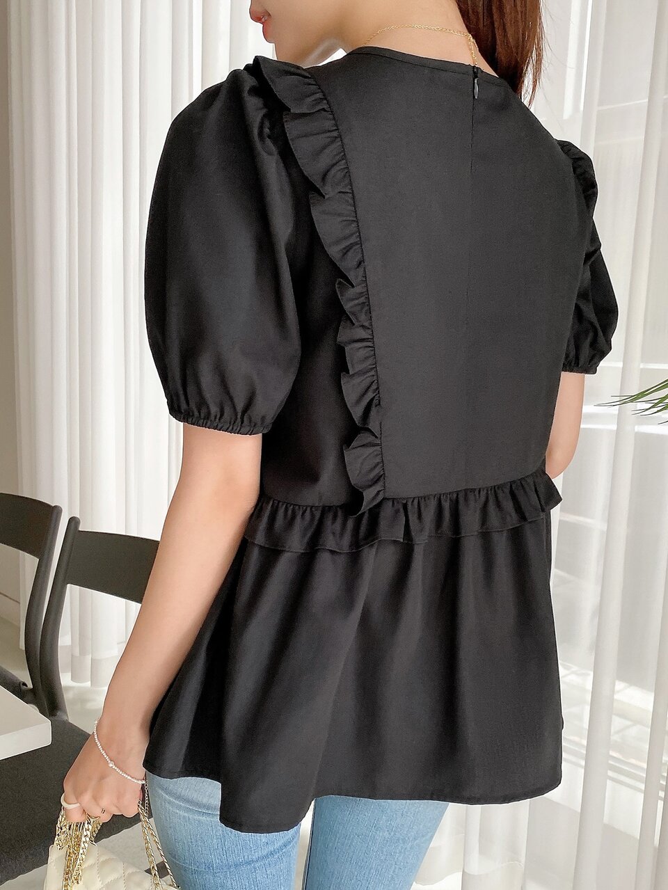 Solid Ruffle Trim Puff Sleeve Peplum Blouse