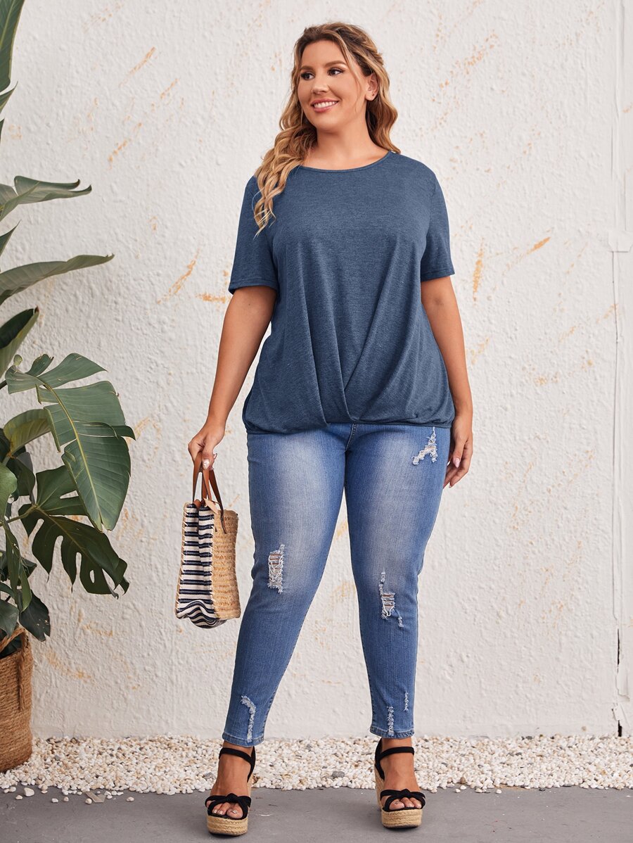 EMERY ROSE 大碼素色折疊細節T恤 - 霧霾藍 - 查看 1