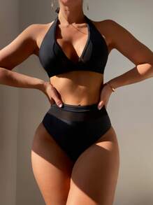 Bikini de malla de contraste liso - Negro - Ver 4