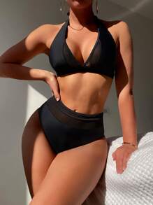 Bikini de malla de contraste liso - Negro - Ver 5
