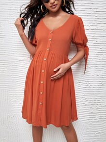 SHEIN Maternity Puff Sleeve Knotted Dress - Burnt Orange - View 1