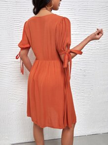 SHEIN Maternity Puff Sleeve Knotted Dress - Burnt Orange - View 2