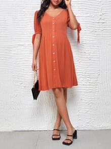 SHEIN Maternity Puff Sleeve Knotted Dress - Burnt Orange - View 3