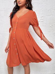 SHEIN Maternity Puff Sleeve Knotted Dress - Burnt Orange - View 4