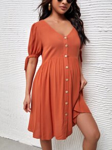 SHEIN Maternity Puff Sleeve Knotted Dress - Burnt Orange - View 5