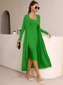 Mulvari Abrigo de parte delantera abierta con vestido sin cinturón - Verde - Ver 1