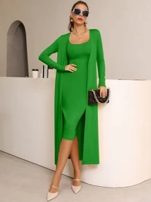 Mulvari Abrigo de parte delantera abierta con vestido sin cinturón - Verde - Ver 6