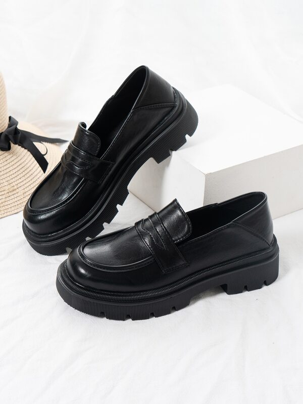 Is That The New Women Black SlipOn Flatform Penny Loafers, Cool Round Toe Minimalist Wedge