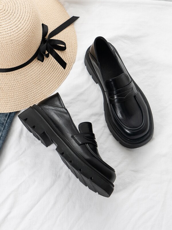 Is That The New Women Black SlipOn Flatform Penny Loafers, Cool Round Toe Minimalist Wedge
