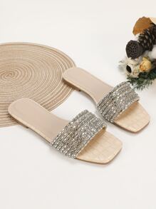 Sandales plates glamour pour femme,sandales en relief de crocodile avec strass multi sangle