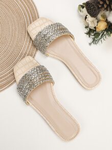 Sandales plates glamour pour femme,sandales en relief de crocodile avec strass multi sangle