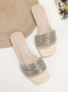 Sandales plates glamour pour femme,sandales en relief de crocodile avec strass multi sangle