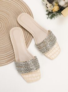 Sandales plates glamour pour femme,sandales en relief de crocodile avec strass multi sangle