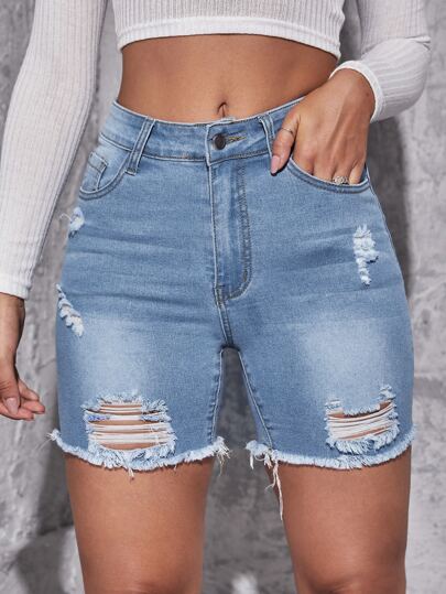 SHEIN ICON Shorts mezclilla desgarro bajo crudo