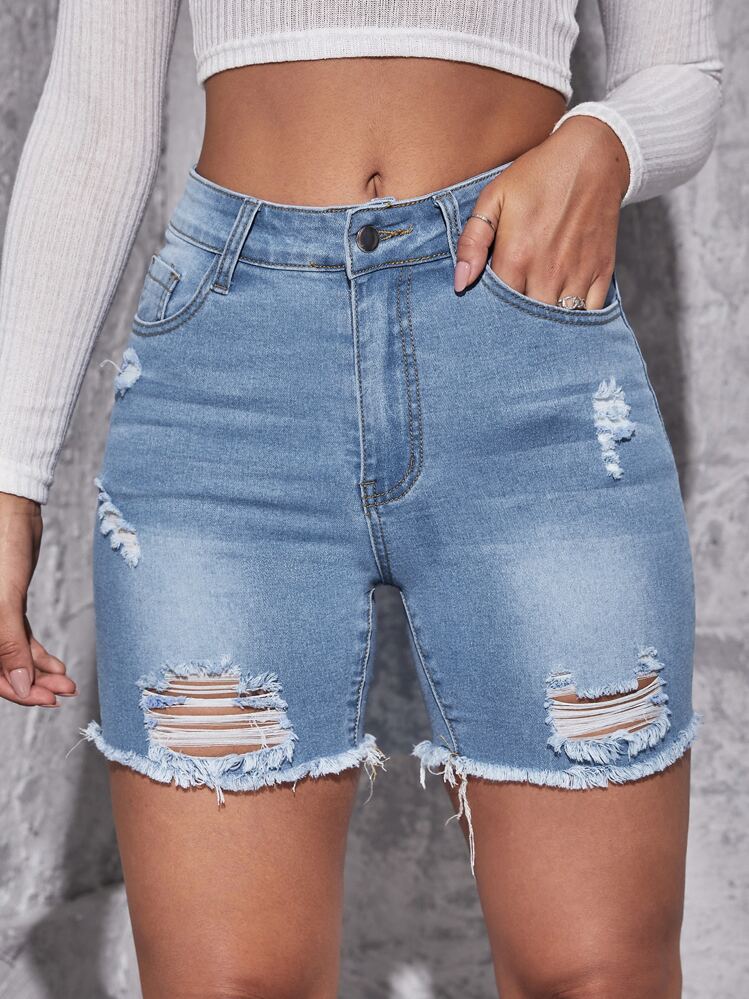 SHEIN ICON Ripped Raw Hem Denim Shorts - Light Wash - View 1