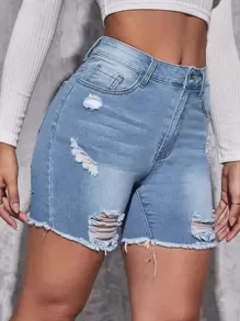 SHEIN ICON Ripped Raw Hem Denim Shorts - Light Wash - View 5