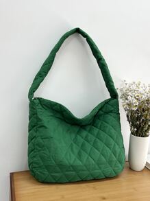 Quilted Large Capacity Bucket Bag - Green - View 1
