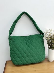 Quilted Large Capacity Bucket Bag - Green - View 2