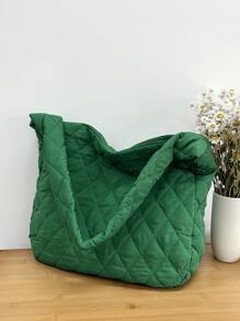 Quilted Large Capacity Bucket Bag - Green - View 3