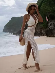 Swim Vcay Summer Beach Hollow Out Slit Hem Halter Cover Up With Bikini Panty - Beige - View 1